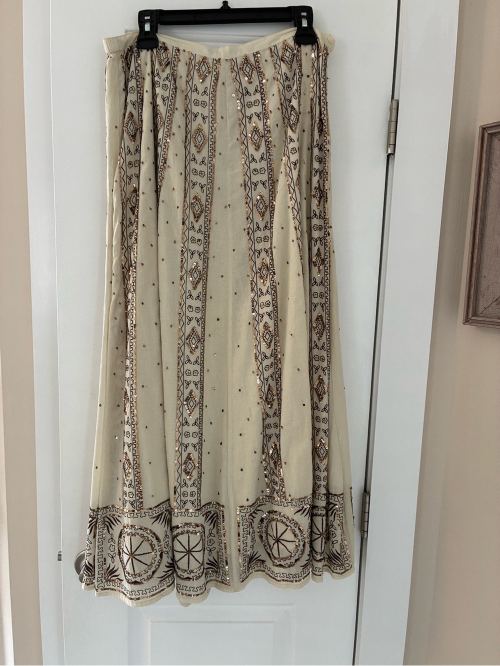 Soft Surroundings Cream Maxi Skirt with Brown & Gold Embroidery